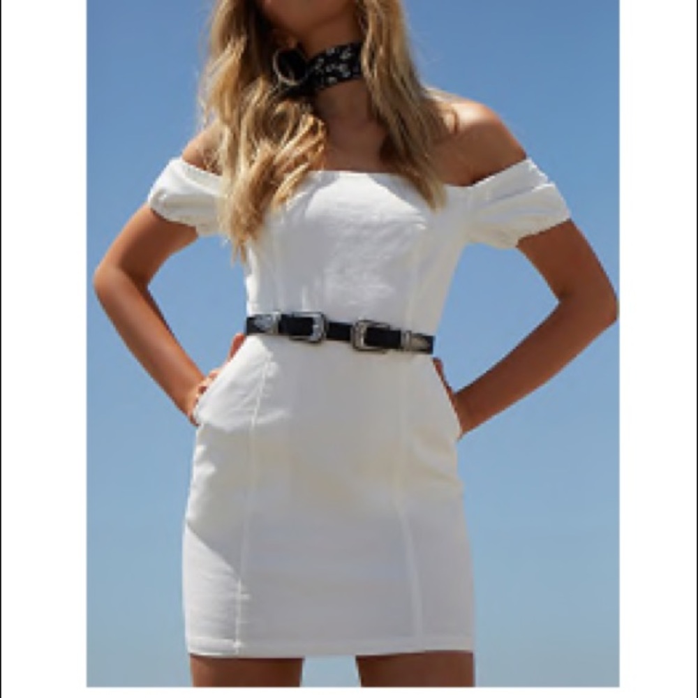 White Denim Off-the-Shoulder Dress.